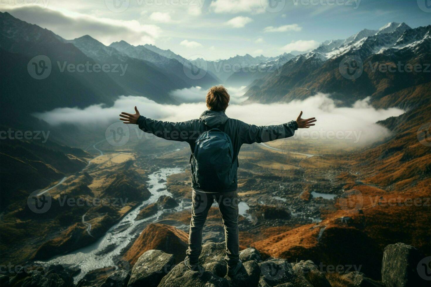 ochtend- uitzicht, backpackers rug, armen uitgestrekt, genieten mistig berg reeks schoonheid ai gegenereerd foto