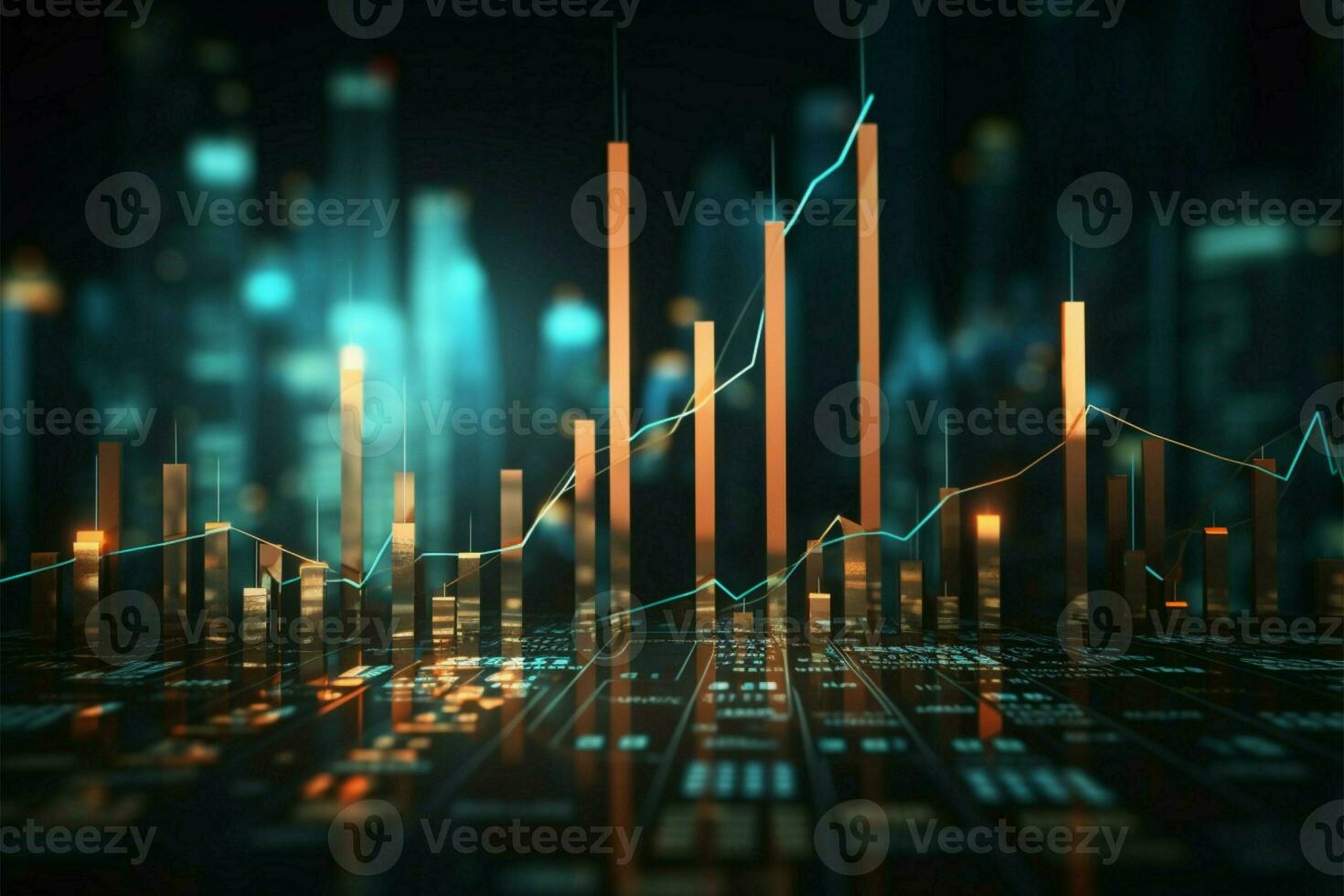 financiën backdrop verenigt statistieken, kandelaars, bar grafiek, opwaartse trend pijl voor economie thema ai gegenereerd foto