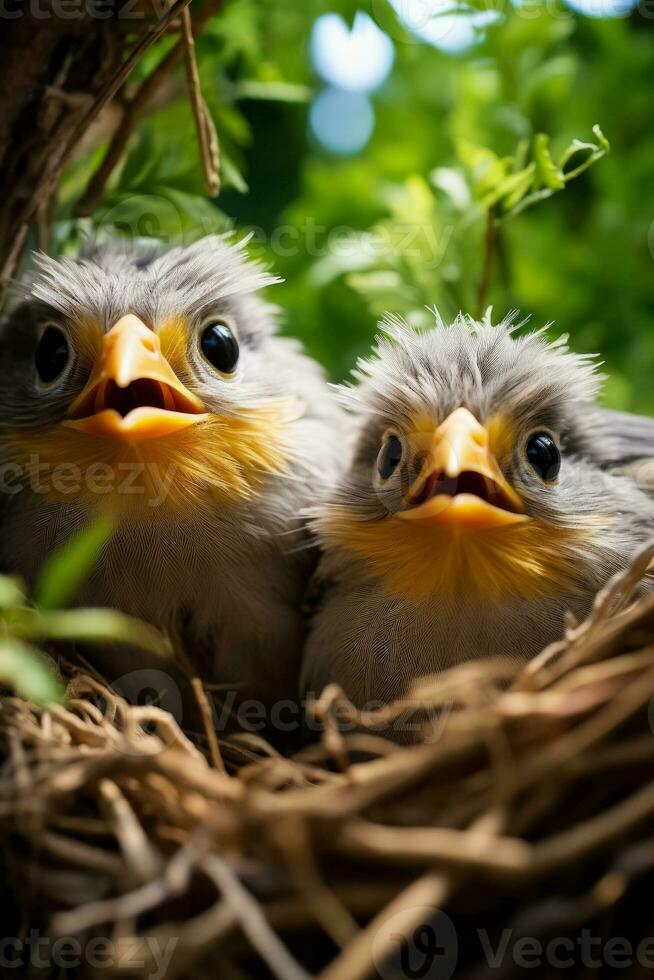 woest uitziend boos vogelstand fel bewaken hun nesten in een weelderig natuurlijk instelling achtergrond met leeg ruimte voor tekst foto