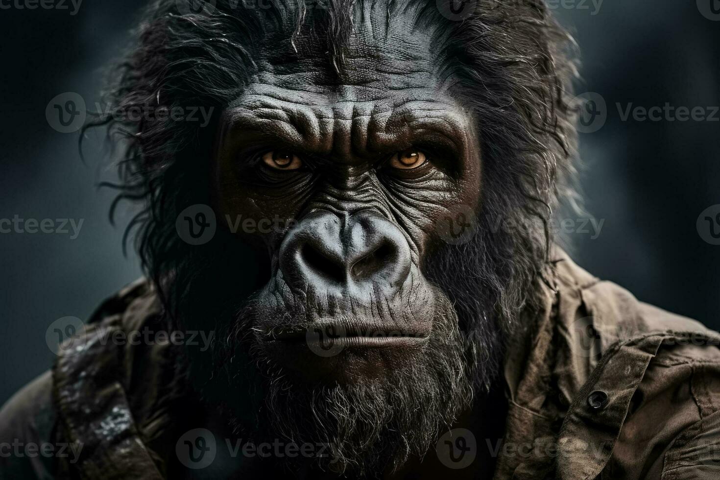 een detailopname foto van een woest en intens gorilla staren in de afstand achtergrond met leeg ruimte voor tekst