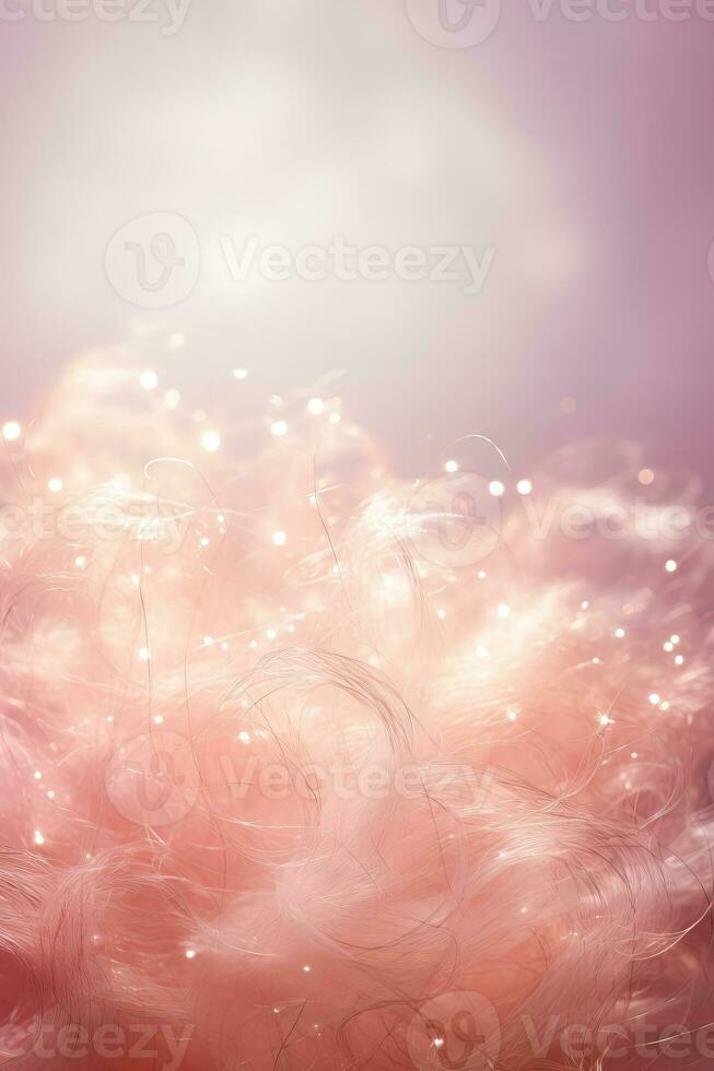 engel haar- sneeuw en klatergoud minutieus geregeld reflecterend de warm lichten geïsoleerd Aan een pastel roze helling achtergrond foto