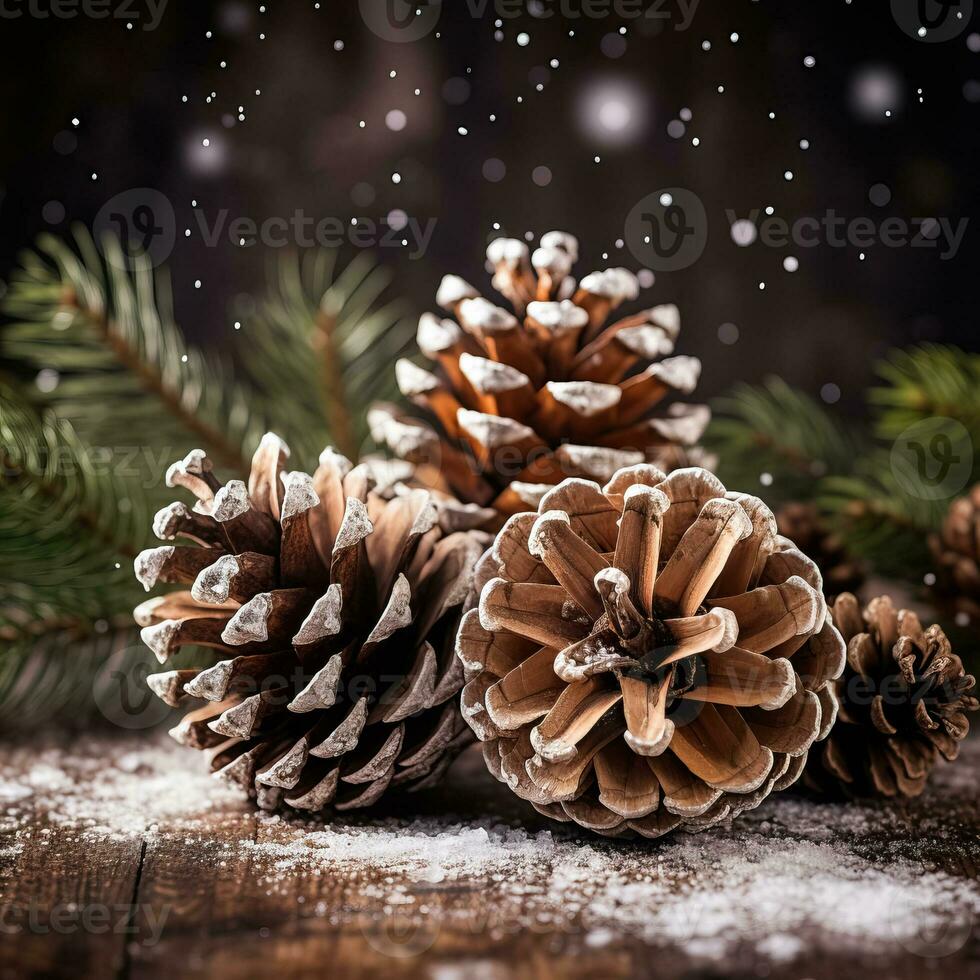 klassiek Kerstmis pijnboom kegels besprenkeld met faux sneeuw prachtig geclusterd geïsoleerd Aan een rustiek bruin helling achtergrond foto