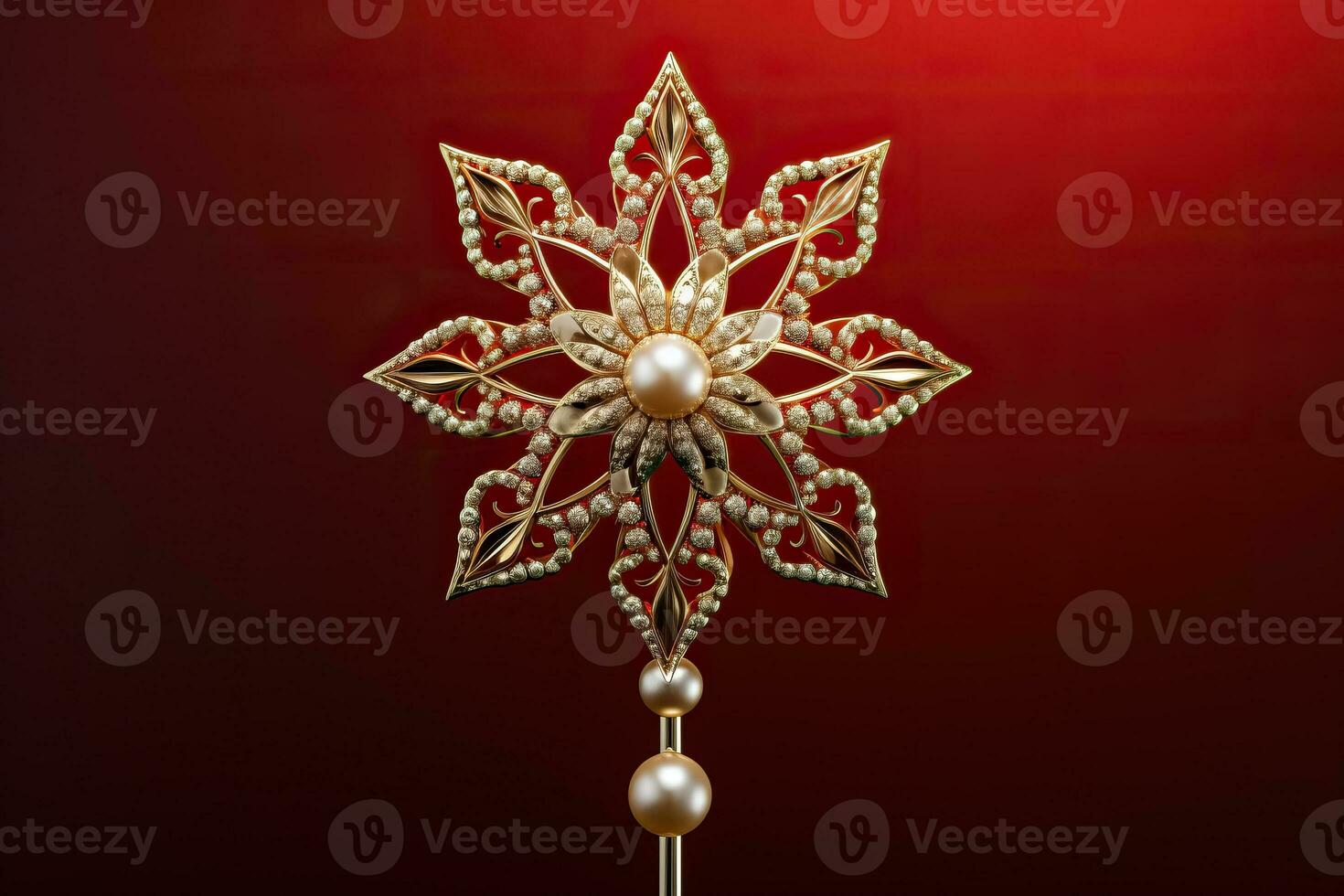 Victoriaans stijl Kerstmis boom topper een gouden ster glanzend met fonkeling geïsoleerd Aan een vakantie rood helling achtergrond foto