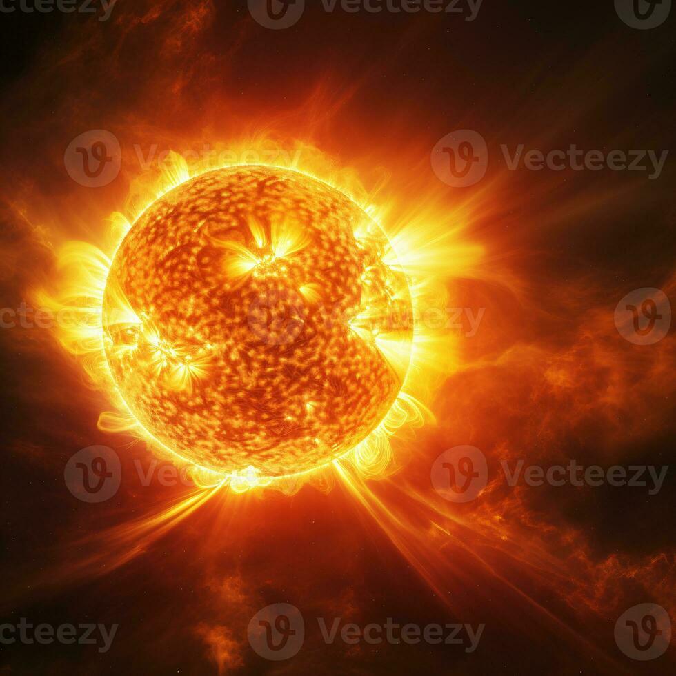 hyperrealistisch beeld van de zon oppervlakte presentatie van de rauw macht van uitbarsting zonne- fakkels ai generatief foto