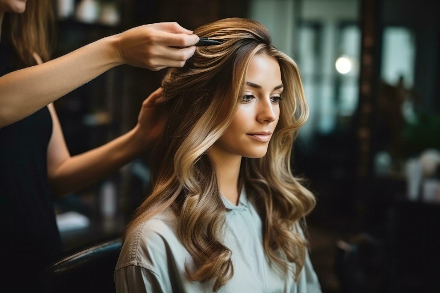 vrouw haar- stilist Bij salon. foto