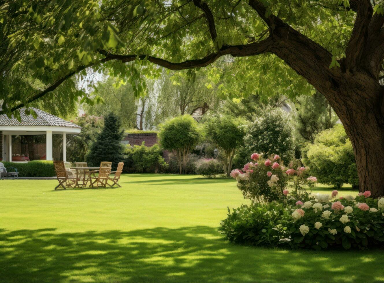 een achtertuin met gazon en bomen en bloemen foto