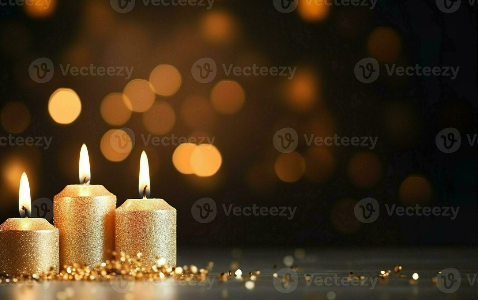 romantisch gouden kaarsen Aan tafel met schitteren. wazig sprankelend bokeh achtergrond. Kerstmis lichten. kopiëren ruimte voor vakantie kaart. ai generatief foto