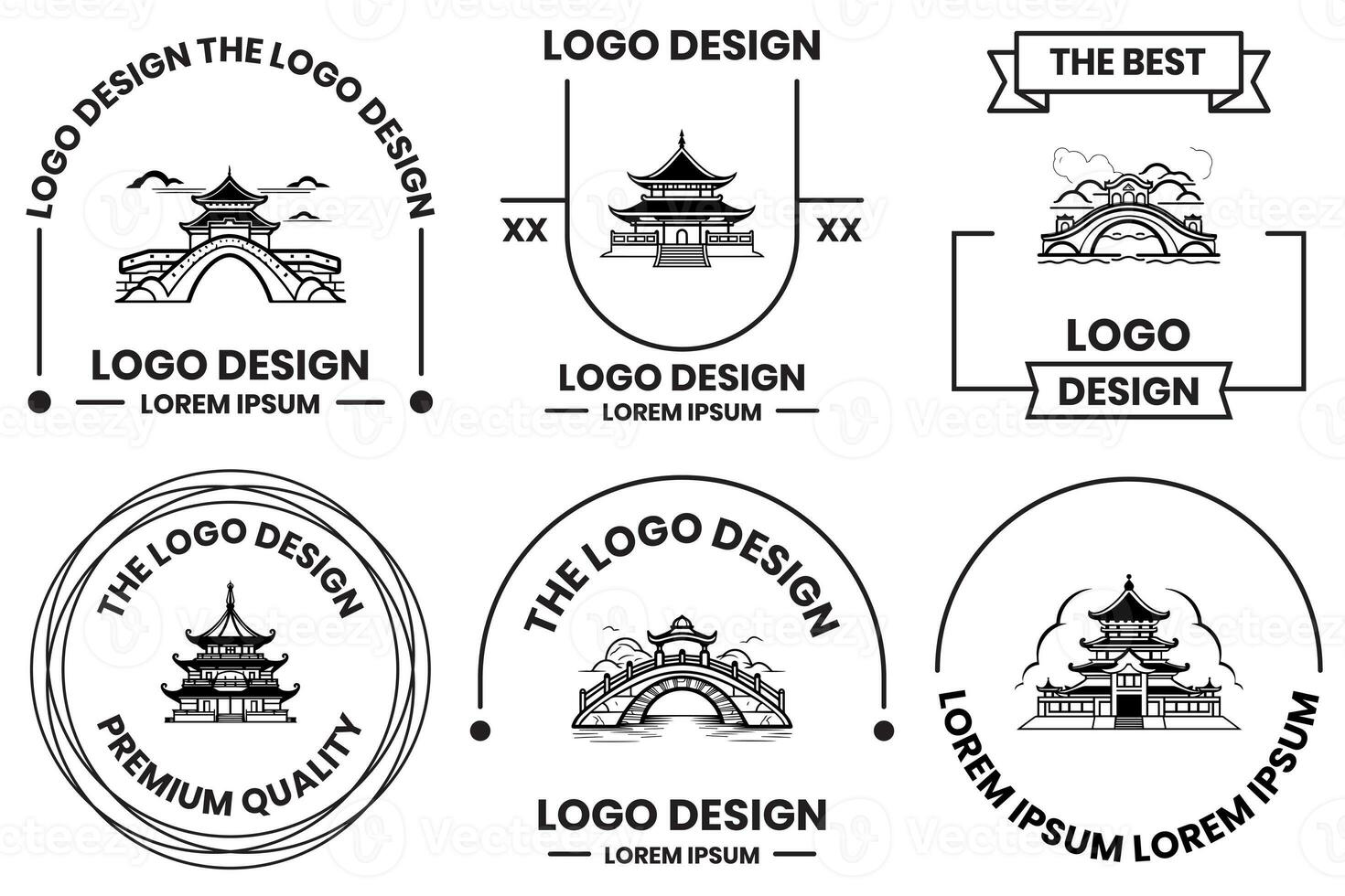 Chinese gebouw of Japans gebouw logo in vlak lijn kunst stijl foto