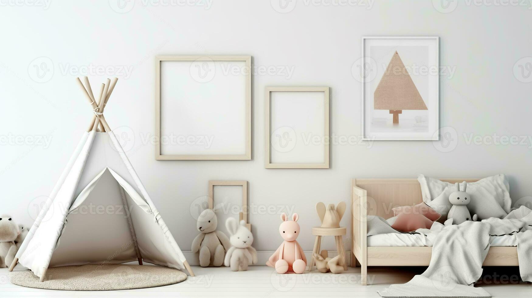 wit muur met een leeg verticaal afbeelding kader in een hedendaags kinderen' kamer. generatief ai foto