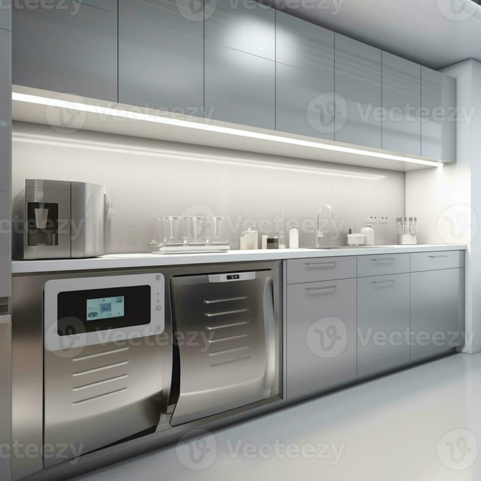 Daar is een keuken met een roestvrij staal koelkast en een afwasmachine. generatief ai. foto