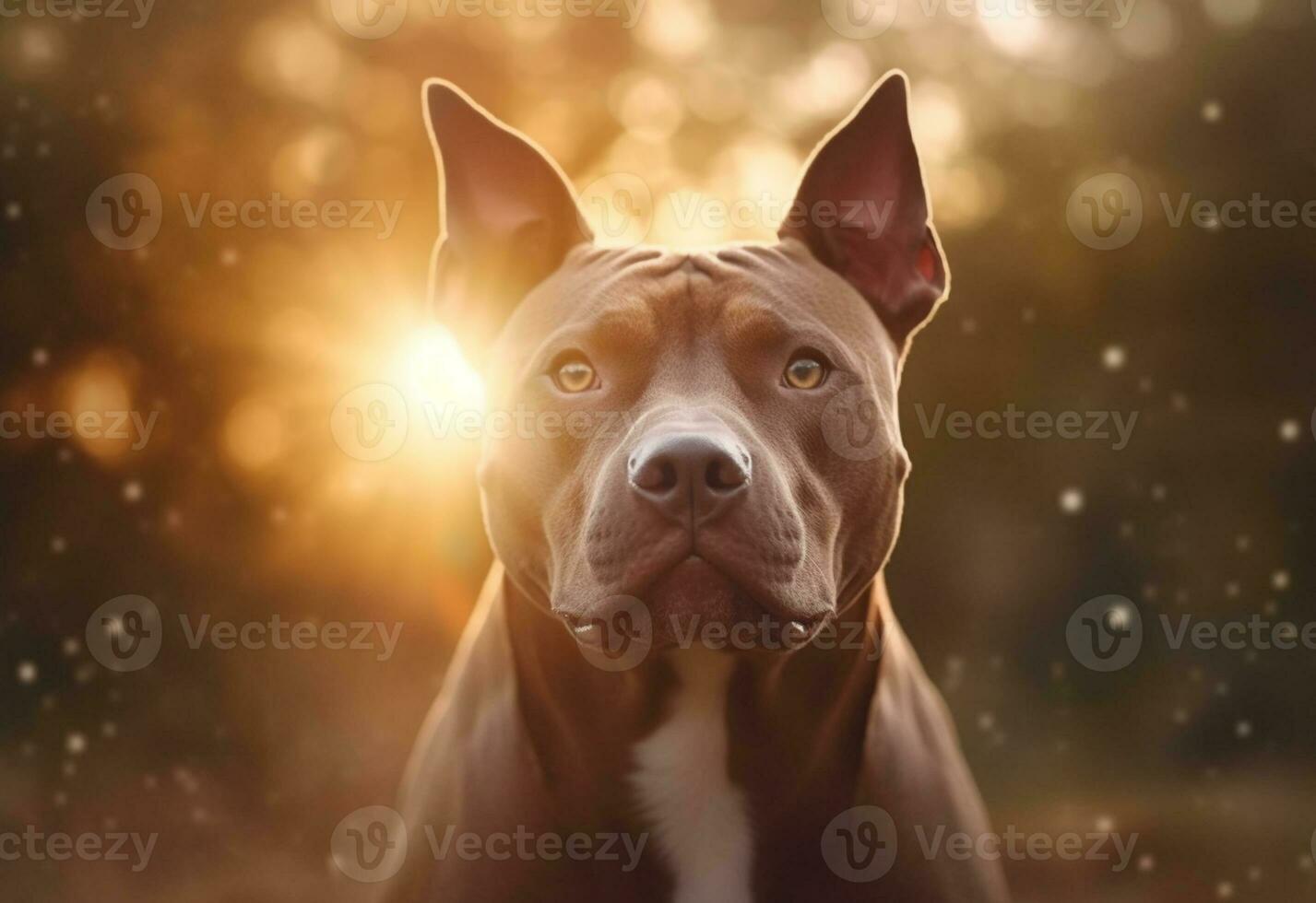 Daar is een hond dat is op zoek Bij de camera met de zon in de achtergrond. generatief ai. foto