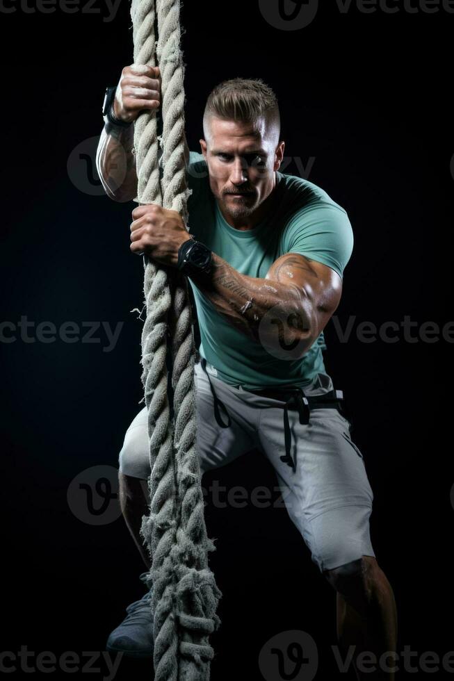 een crossfit atleet aan het doen touw klimt geïsoleerd Aan een stoutmoedig helling achtergrond foto