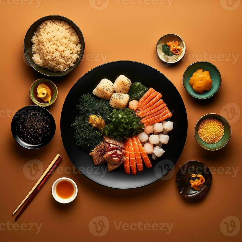 top visie van een gemakkelijk Aziatisch maaltijd ramen knoedels en sushi illustreren verschillend smaken ai generatief foto