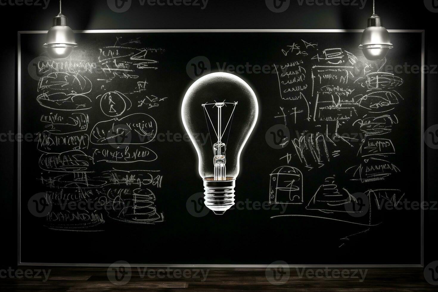 hand getekend licht lamp Aan schoolbord symboliseert creativiteit ai generatief foto