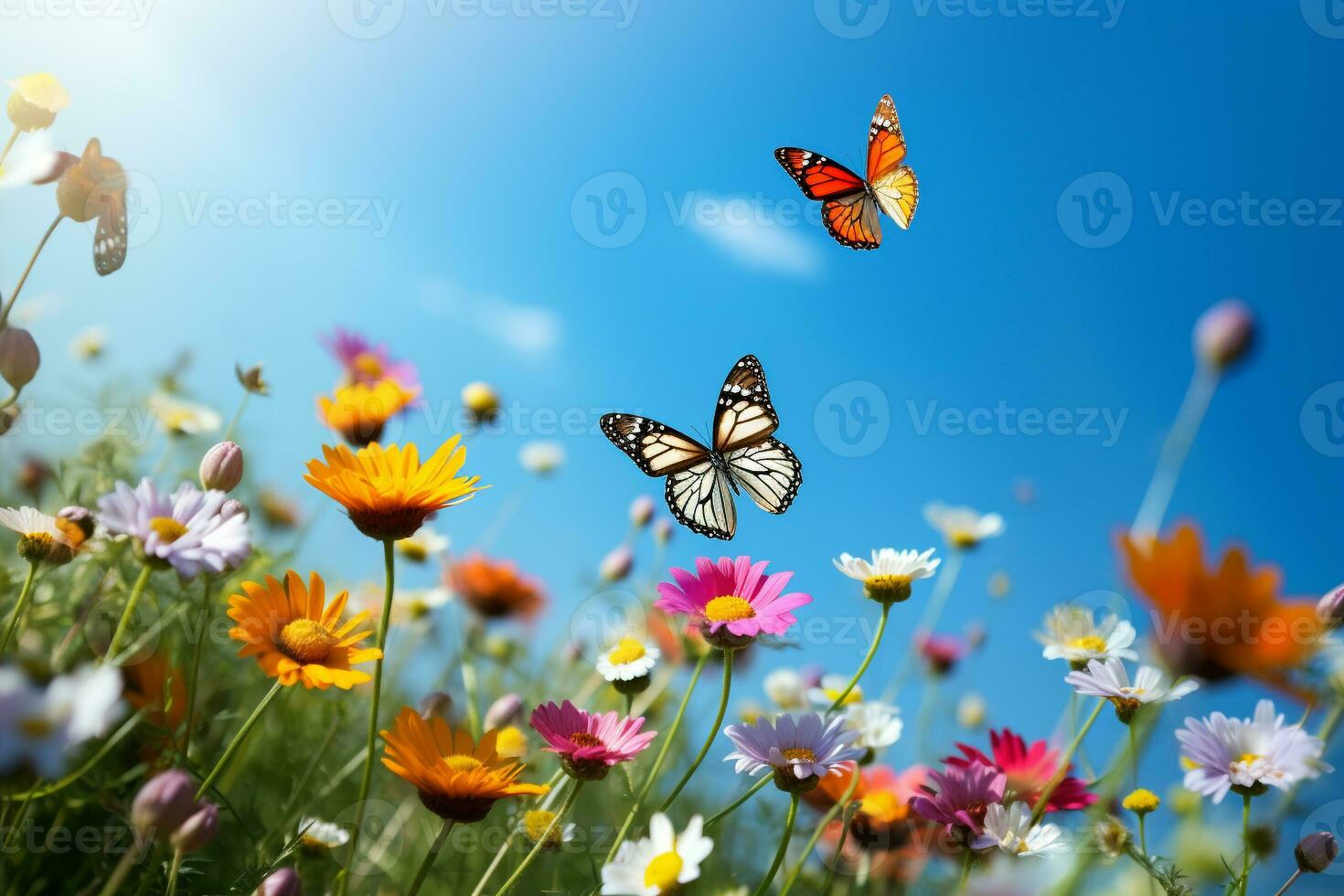 groep van vlinders fladderend over- een weide van wilde bloemen onder een wolkenloos blauw lucht ai generatief foto