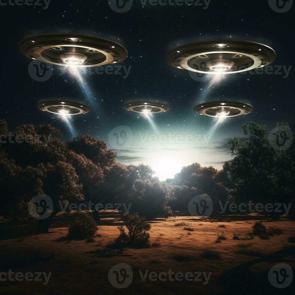 dramatisch afbeelding van een ufo vloot in de nacht lucht signalering een mogelijk buitenaards wezen stuiten op ai generatief foto