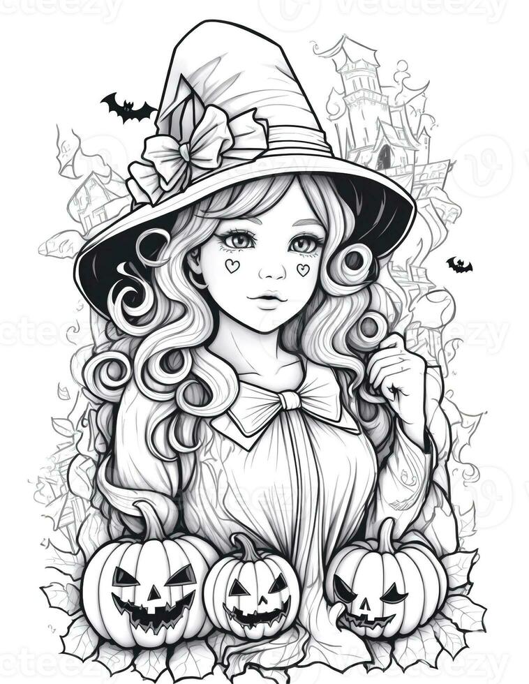 meisje halloween kleur bladzijde met jack-o'-lantern pompoenen foto