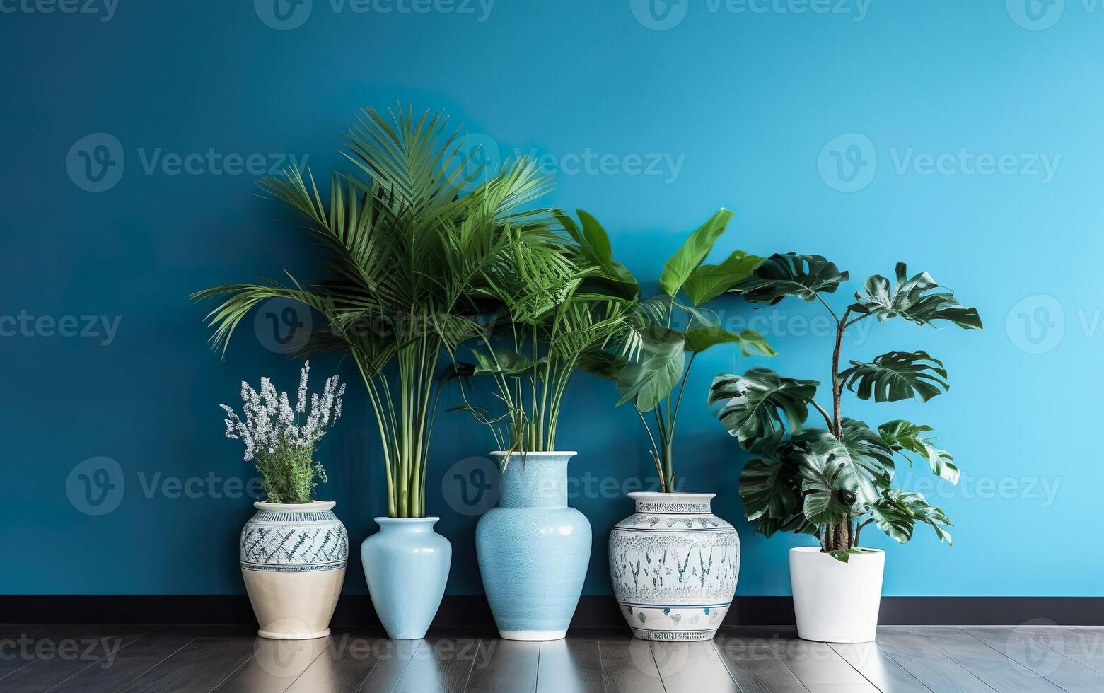 de binnen- ingemaakt planten decoratie in modern kamer met een houten verdieping en blauw muur. ai generatief foto