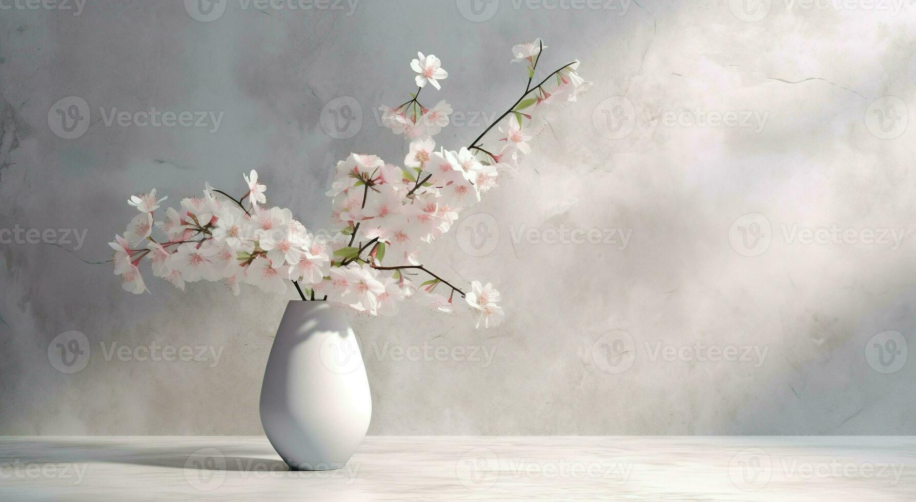 wit keramisch vaas met bloeiend bloemen takken in zonlicht van venster Aan pastel grijs muur, schaduw Aan wit verdieping voor decoratie, luxe kunstmatig, huidverzorging, schoonheid Product, ai generatief foto