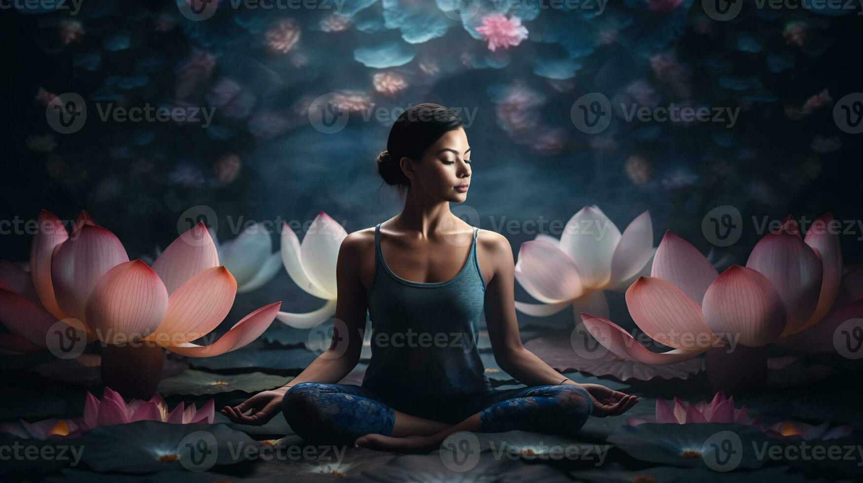 vrouw aan het doen yoga met lotus bloemen, geestelijk contemplatie, generatief ai foto