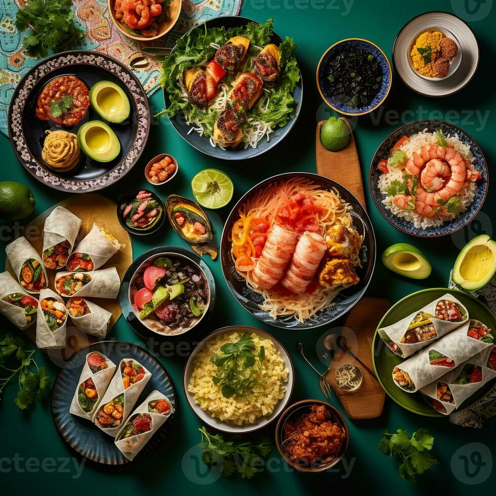 overhead momentopname van Internationale keuken sushi pasta en taco's Aan een kleurrijk tafelkleed ai generatief foto