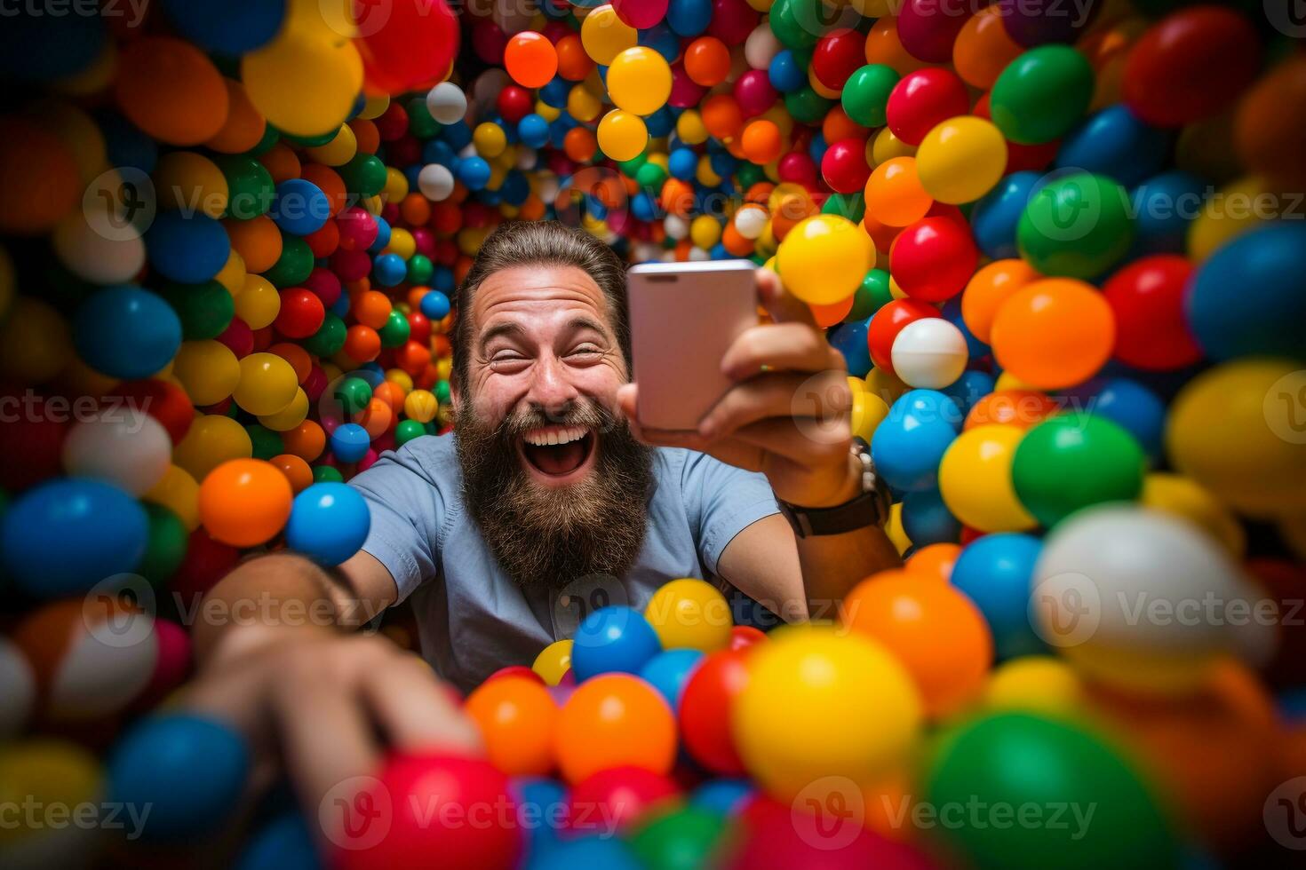 vreugde ontketend - Mens jongleert werk oproepen in kinderlijk bal pit Speel ai generatief foto