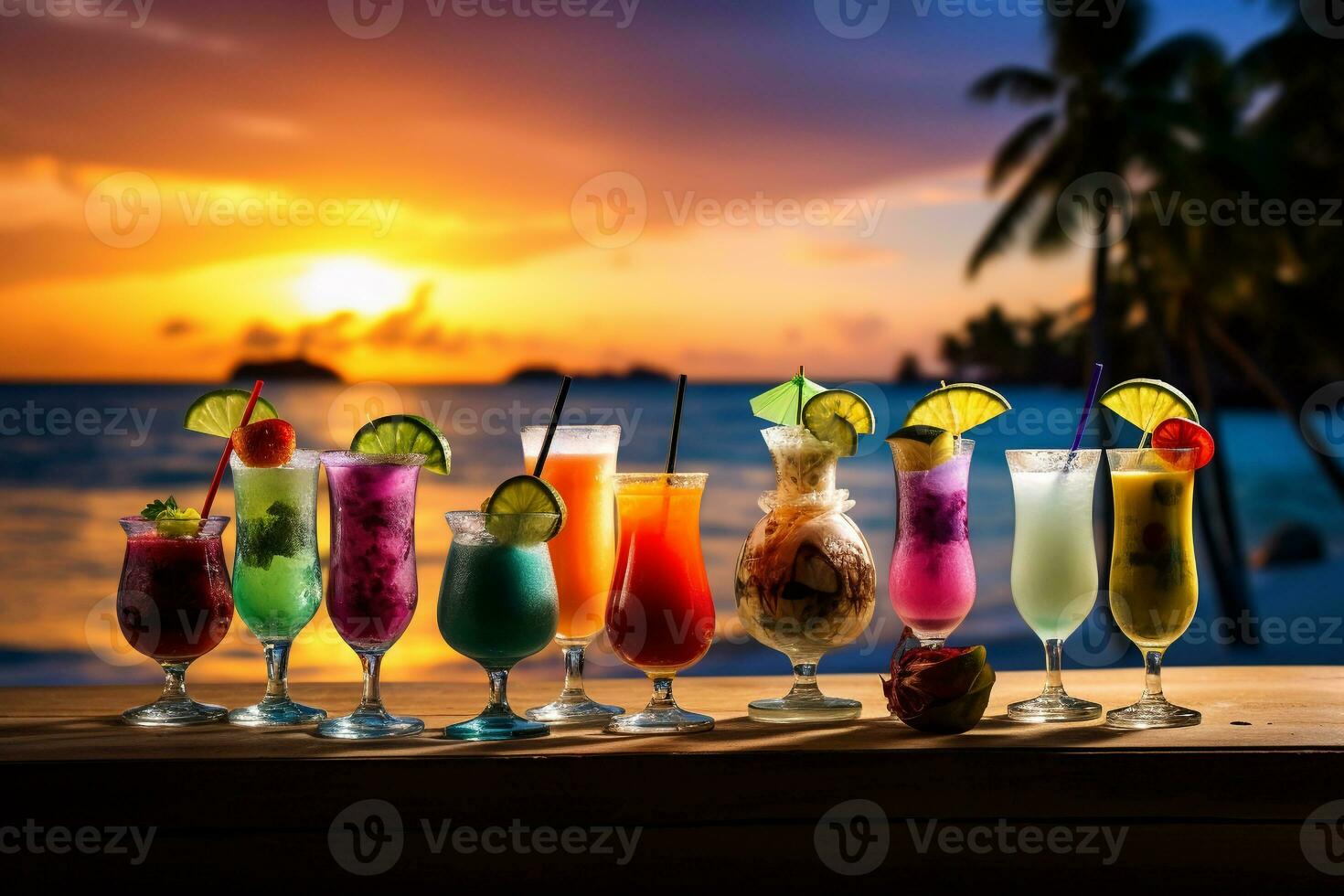 rangschikking van levendig exotisch cocktails tegen tropisch strand backdrop Bij schemer ai generatief foto