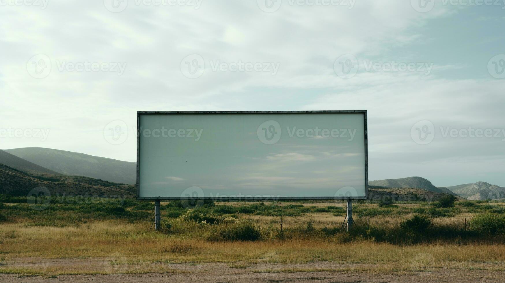 landelijk kalmte met een blanco aanplakbord kader tegen rollend heuvels, onbenut reclame potentieel ai generatief foto