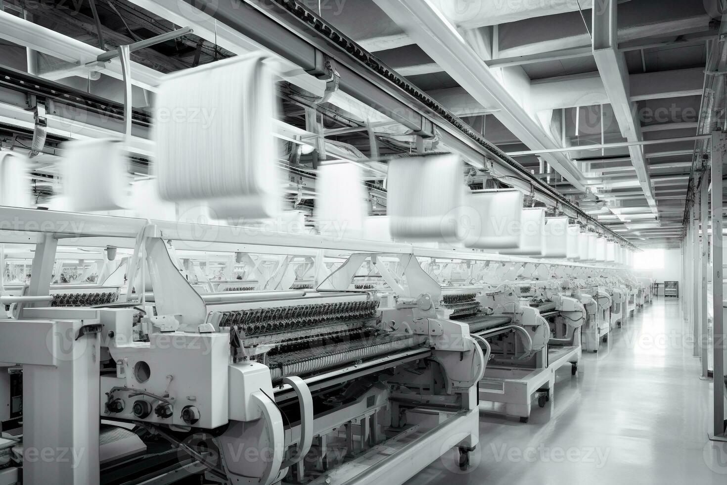 modern textiel fabriek met geautomatiseerd weefgetouwen het weven patronen ai generatief foto