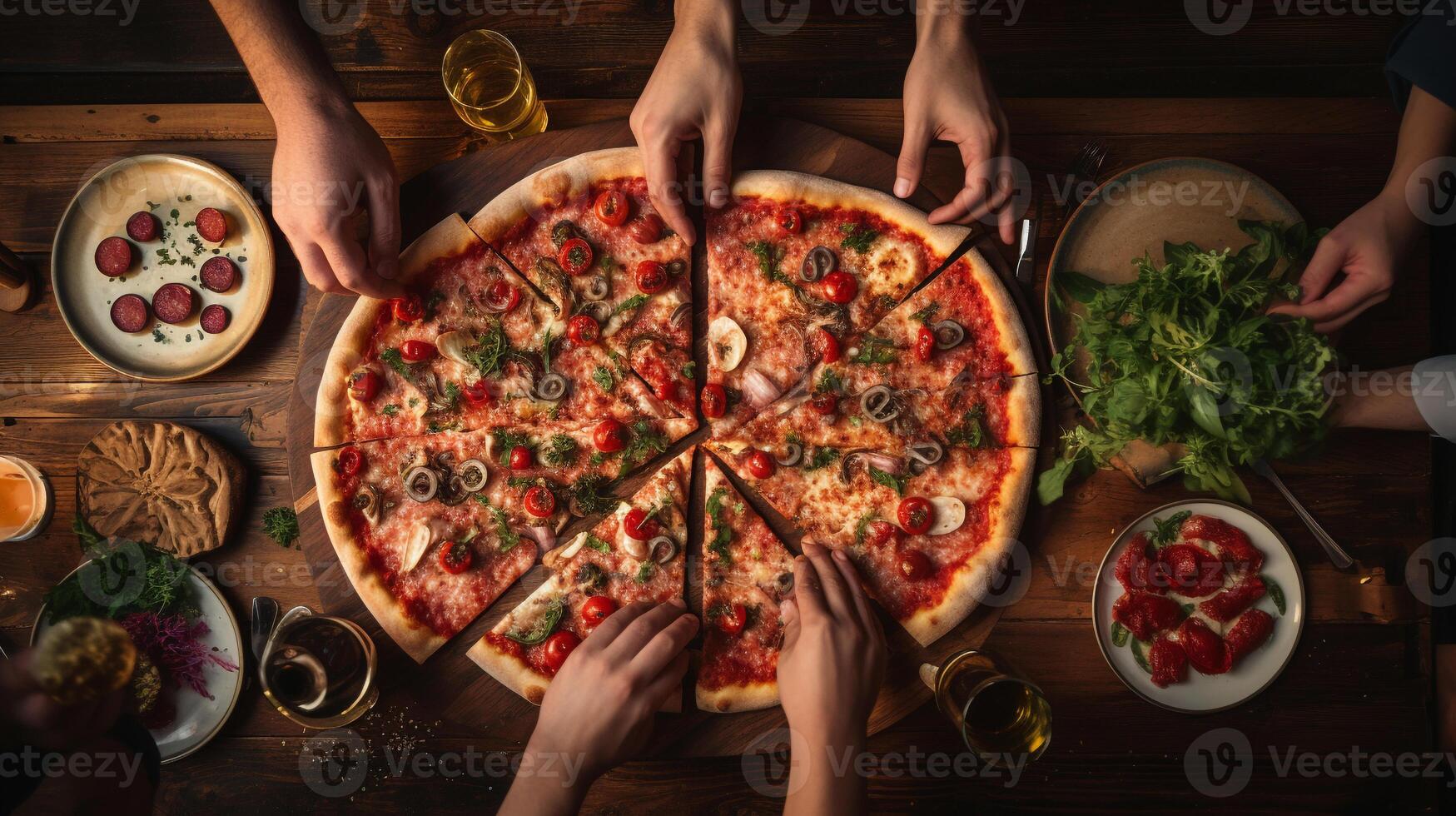 overhead schot van gedeeld pizza beeltenis culinaire genot en gemeenschap ai generatief foto