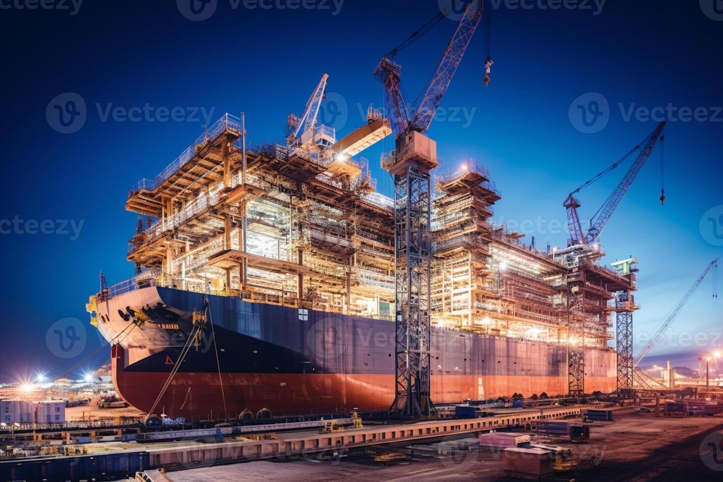 schemering vastleggen van een enorm lading schip onder bouw in droog dok ai generatief foto