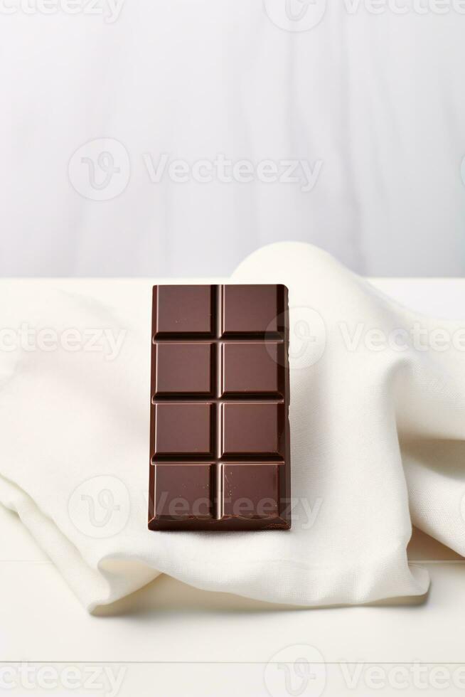 glad glanzend chocola bar resting Aan wit linnen backdrop met copyspace Rechtsaf ai generatief foto