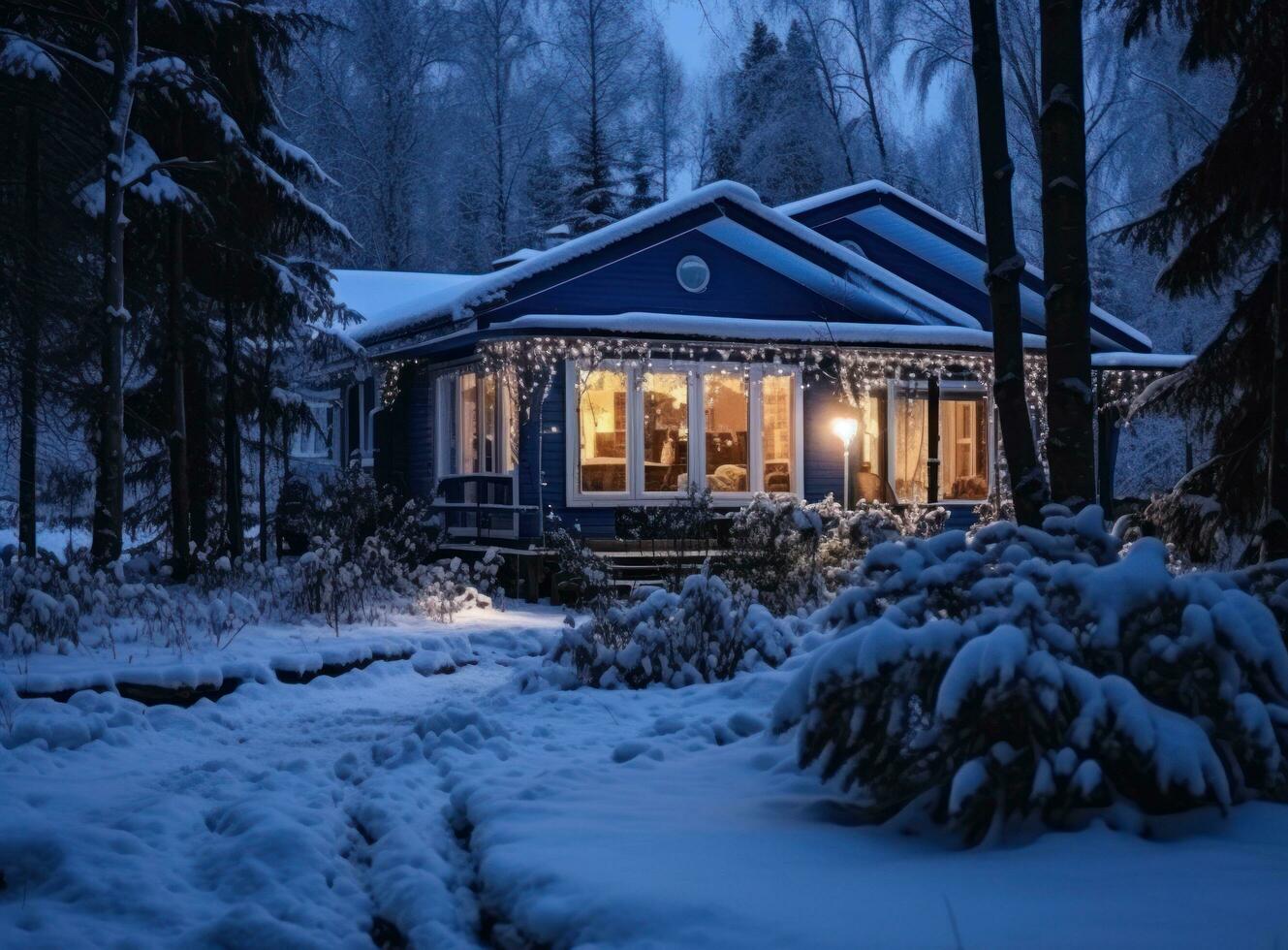 houten huis in winter tijd foto