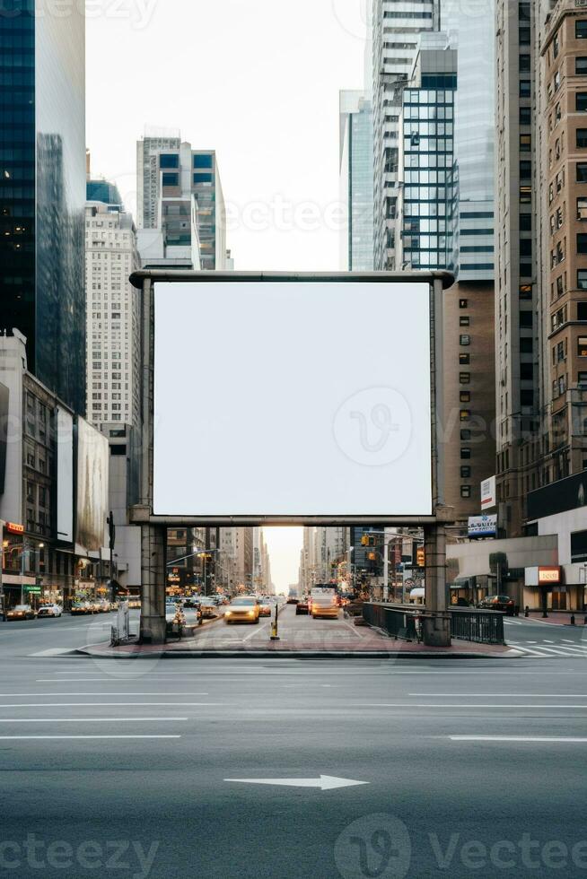 blanco aanplakbord kader genesteld temidden van een bruisend stedelijk landschap, Open canvas voor creativiteit ai generatief foto