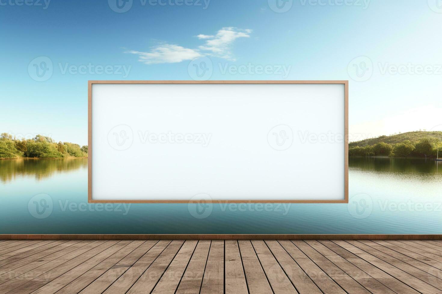 blanco aanplakbord dramatisch gepositioneerd Bij de einde van een pier met uitzicht een rustig meer ai generatief foto