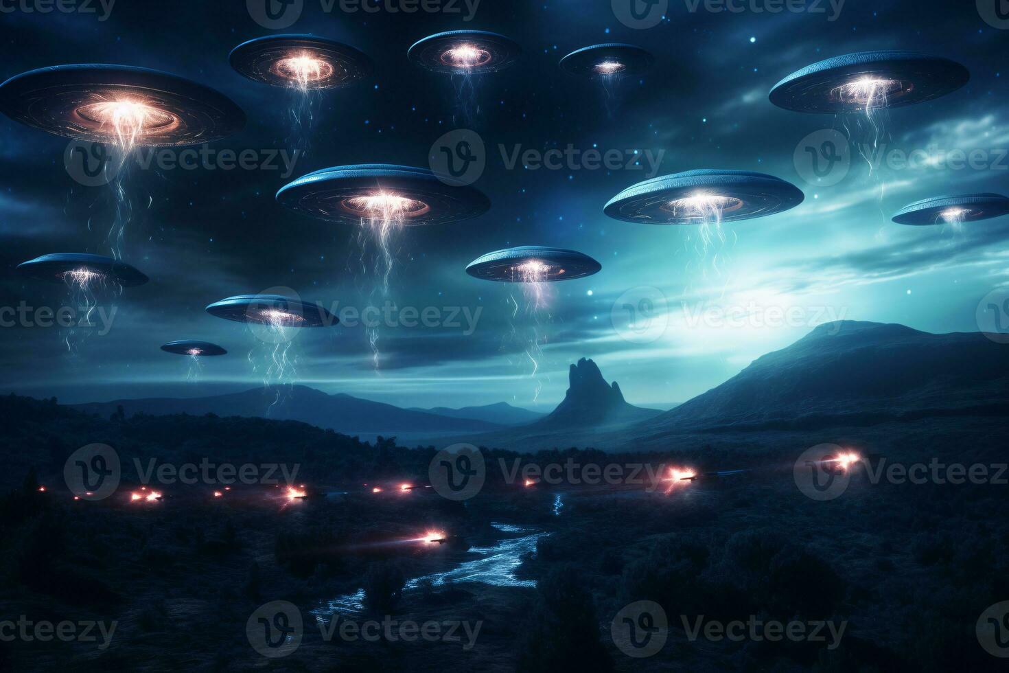 dramatisch afbeelding van een ufo vloot in de nacht lucht signalering een mogelijk buitenaards wezen stuiten op ai generatief foto