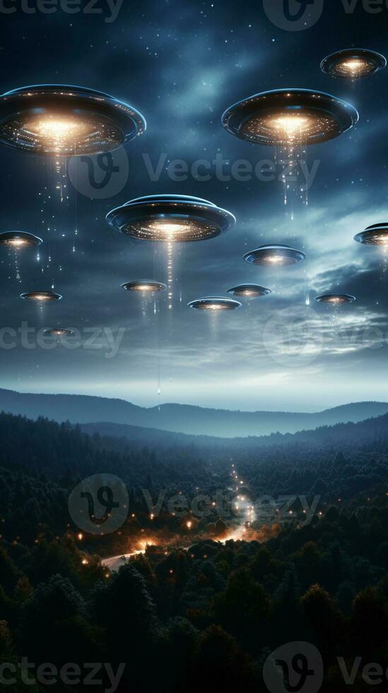 dramatisch afbeelding van een ufo vloot in de nacht lucht signalering een mogelijk buitenaards wezen stuiten op ai generatief foto