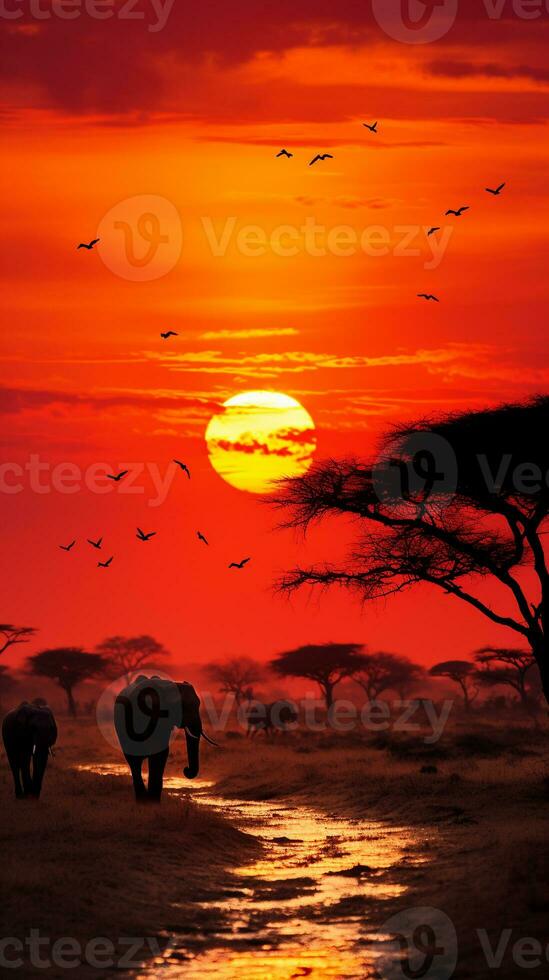 verbijsterend Afrikaanse safari tafereel Bij zonsondergang met olifanten, giraffen, en zebra's onder een vurig lucht ai generatief foto
