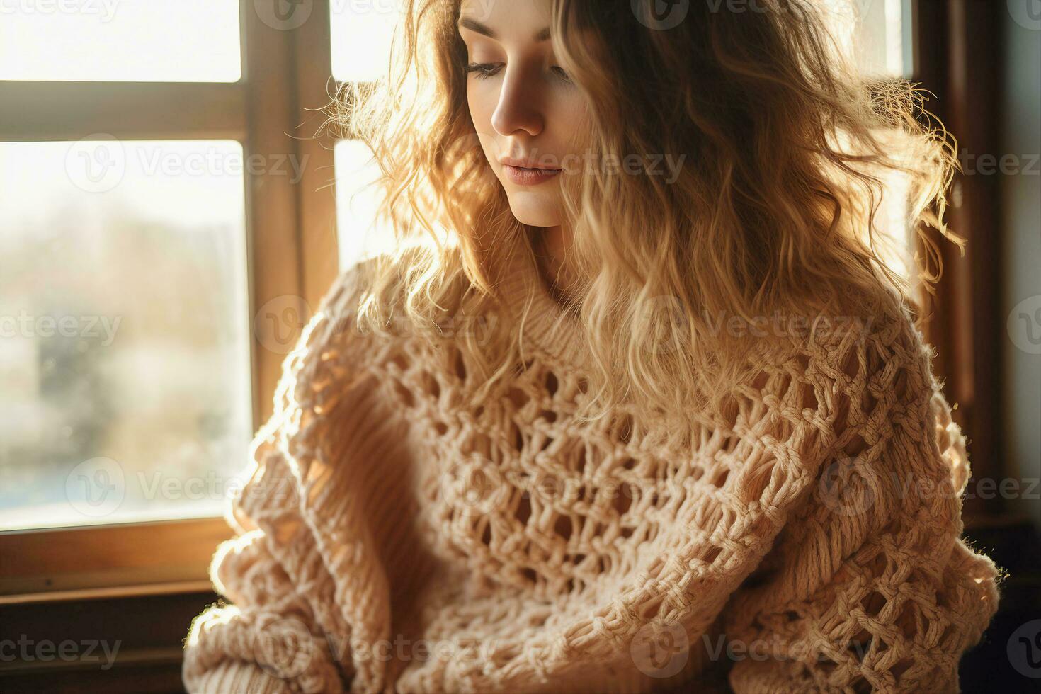 modieus en elegant haken trui met heel dik room gekleurde breiwerk Aan een mooi meisje model. ai gegenereerd. foto