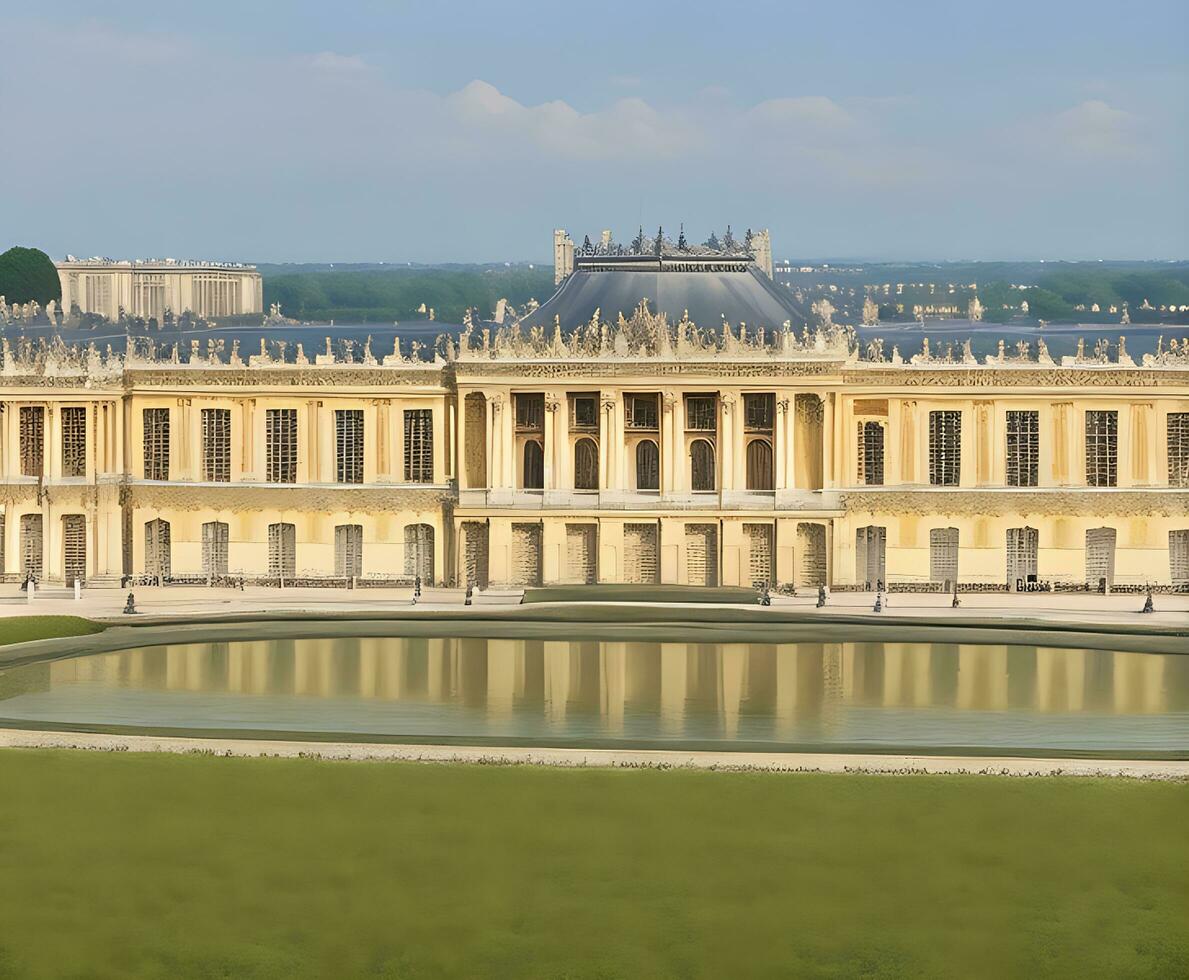 ai gegenereerd foto's van mooi reizen naar genieten een begeleid tour van de paleis van Versailles met binnenkomst naar de tuinen met luxe cortage foto
