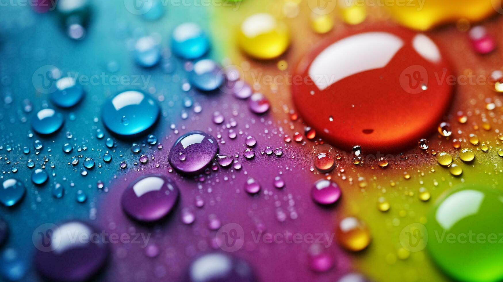 water druppels en bubbels met reflectie Aan kleurrijk achtergrond. abstract achtergrond backdrop structuur voor Product Scherm of tekst. generatief ai. foto