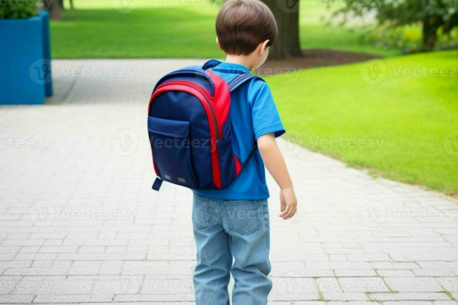 terug visie van een schooljongen met een rugzak staand in de klas. pro foto