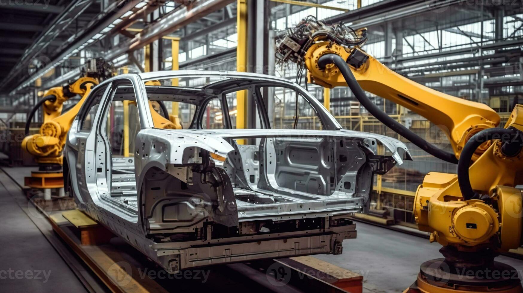 automatisering in actie, de robotica werkplaats voor auto kader en lichaam productie in de auto- industrie. generatief ai foto