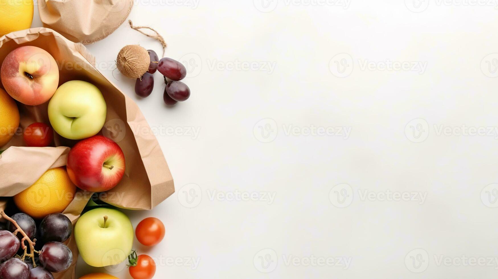 gezond voedsel achtergrond. gezond veganistisch vegetarisch voedsel in papier zak groenten en fruit Aan wit, kopiëren ruimte, spandoek. boodschappen doen voedsel supermarkt en schoon veganistisch aan het eten concept, generatief ai foto