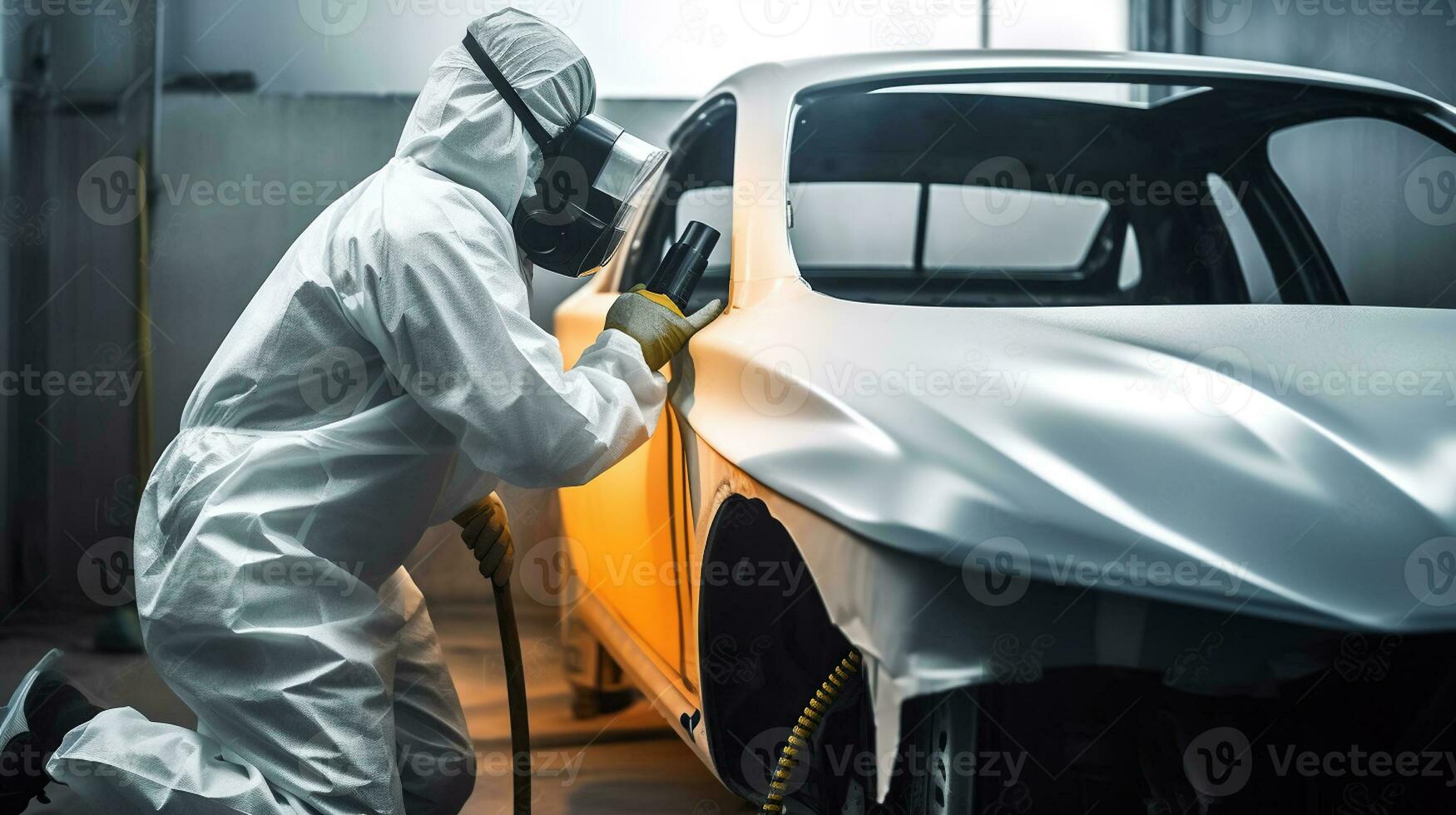 auto schilder in beschermend kleren en masker schilderij een auto, monteur gebruik makend van een verf verstuiven geweer in een schilderij kamer. carrosserie, generatief ai foto