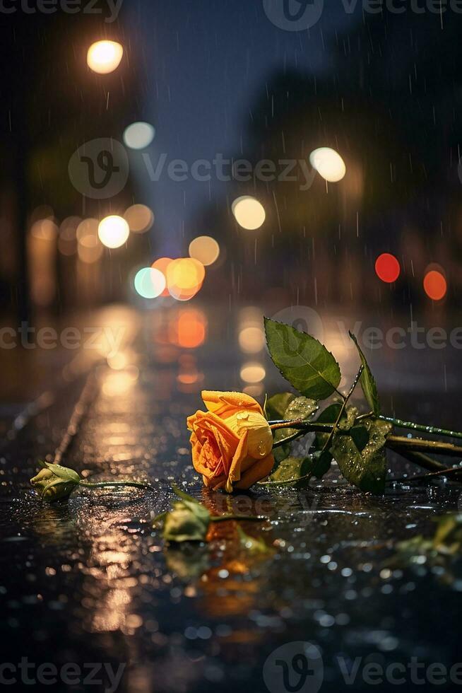stad nacht regen weg nat door regen straat lichten een weinig roos ai gegenereerd beeld foto