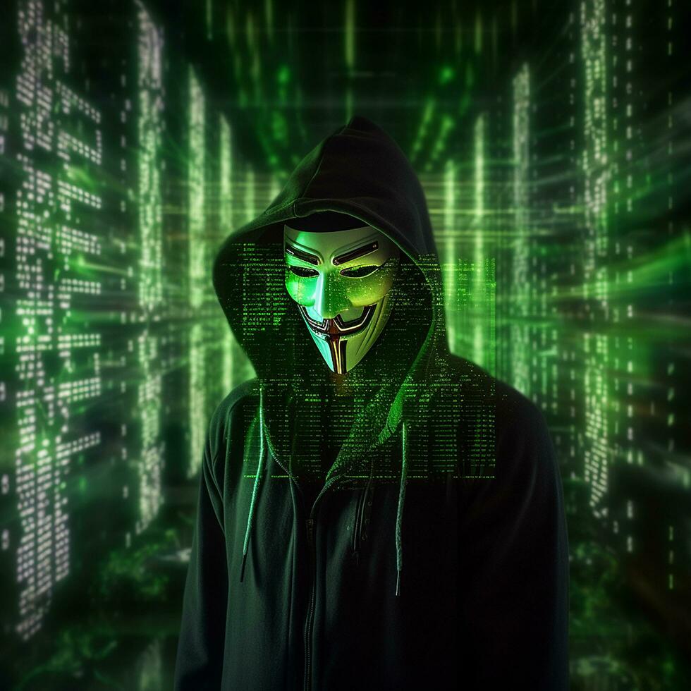 een computer hacker vervelend een combinatie van een vent ai gegenereerd beeld foto