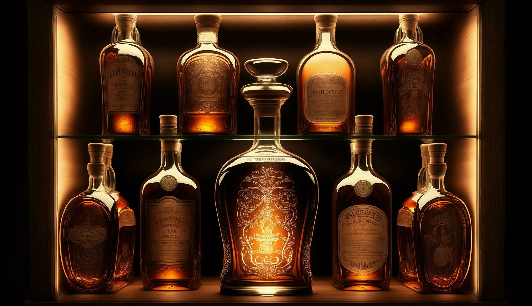 een luxueus bourbon plank gevulde met bijzonder wijnoogst flessen elk met een uniek etiket ai gegenereerd beeld foto