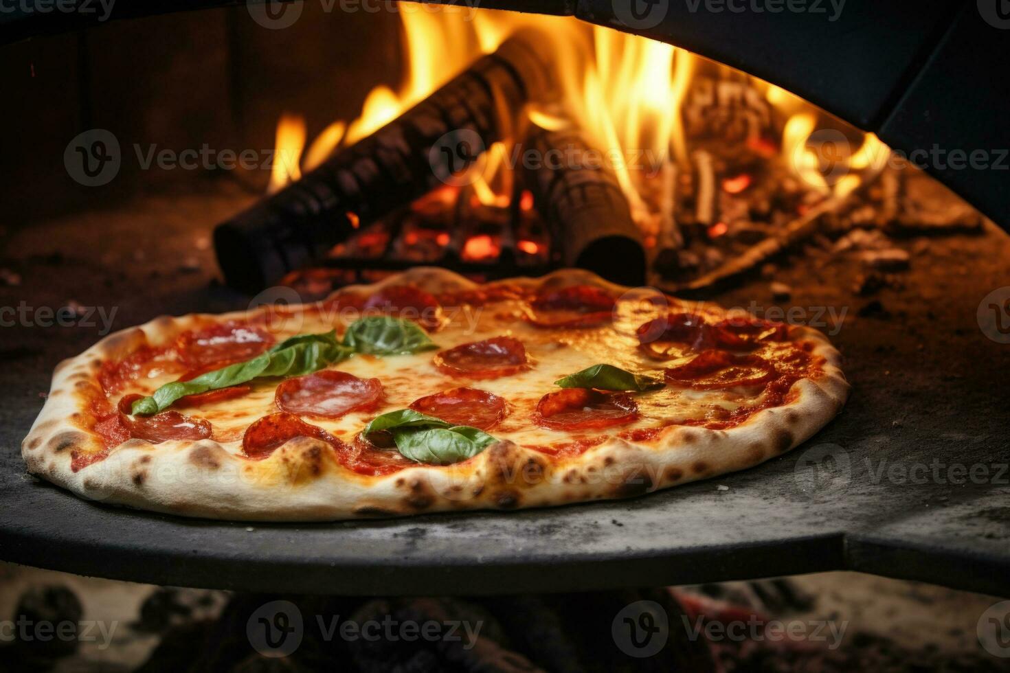 pizza is Koken in traditioneel hout brandend oven. generatief ai foto