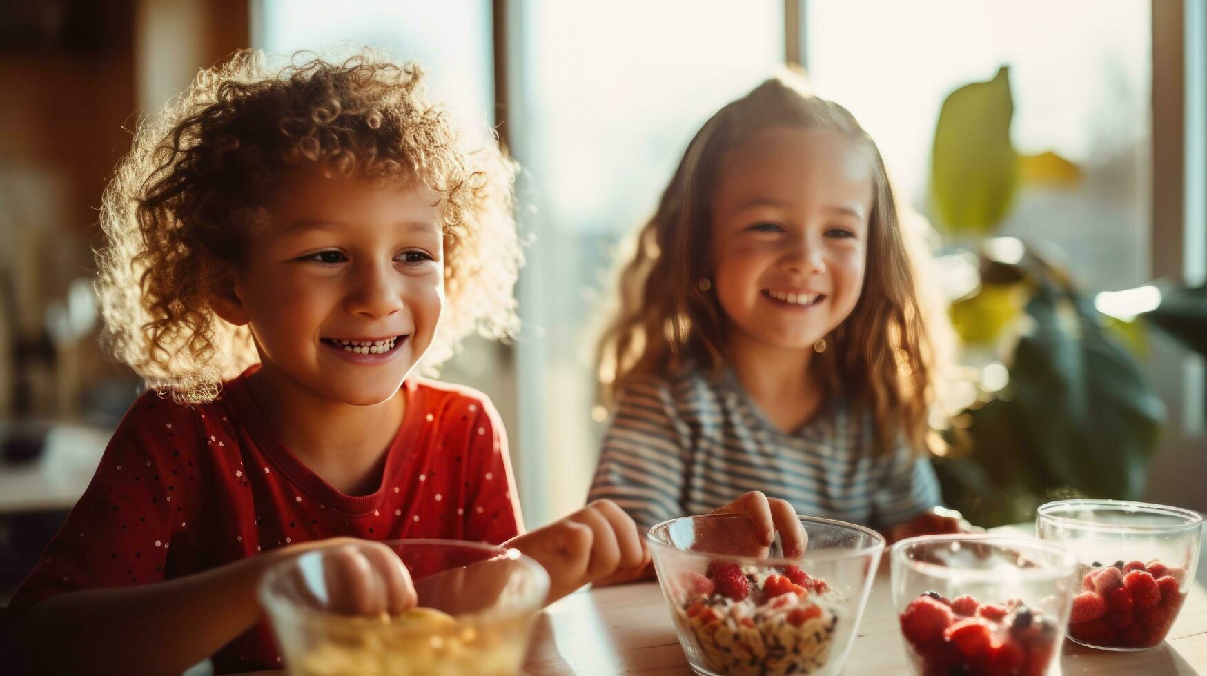 een kind lachend naast een kom van ontbijtgranen foto
